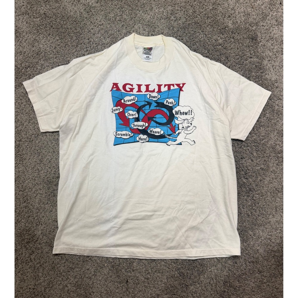 Vintage Fruit of the Loom Agility Dog T-Shirt XL Cream Single Stitch 90s Graphic